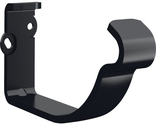 Enkel rännkrok i metall för montering av hängrännor runt tak, svart och C-formad med två hål för fastsättning.