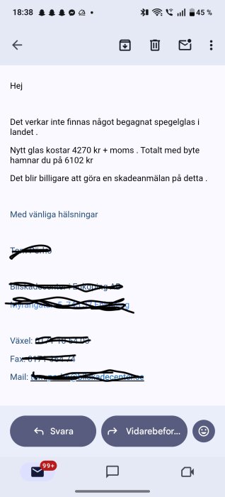 Email från bilverkstad med kostnadsförslag för nytt spegelglas, totalt 6102 kr.