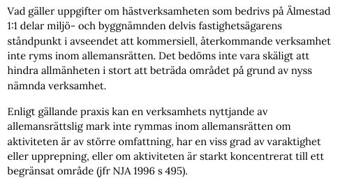Text ur en juridisk artikel om hästverksamhet och allemansrätten, diskuterar kommersiell verksamhet och markanvändning i relation till lagen.