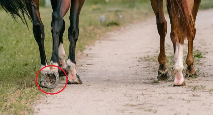 Två hästar går på en grusväg, med fokus på en hästs hov och hästsko markerad med en röd ring.