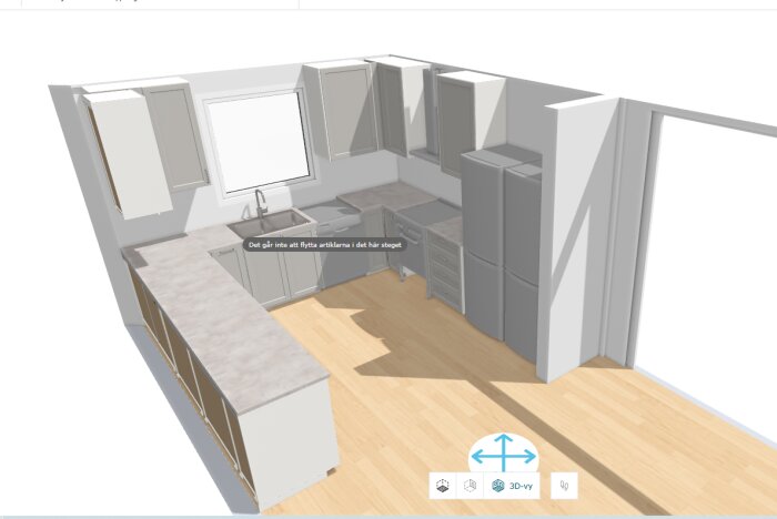 3D-ritning av kök med bänkskivor, överskåp, diskho, ugn och kylskåp. Fråga om bänkbelysning och placering av eluttag.