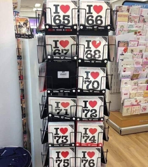 Kortställ med årtal och text i en butik.