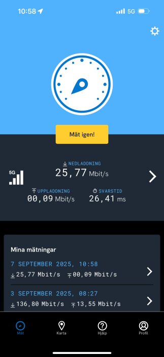 Skärmdump av hastighetstestapp som visar 5G-nät med nedladdning 25,77 Mbit/s och uppladdning 00,09 Mbit/s, tid 10:58.