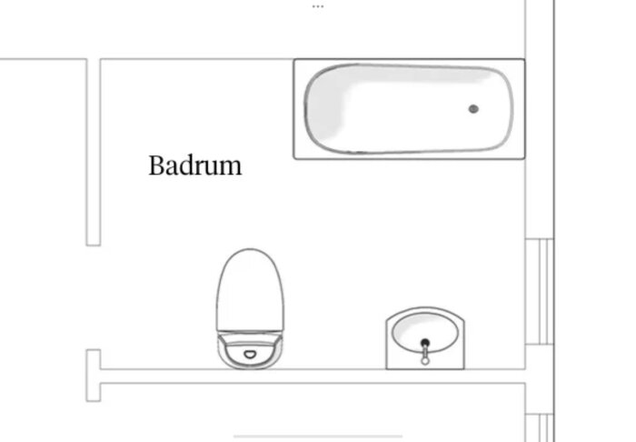 Planlösning av badrum med badkar längst bort, toalett i mitten och handfat närmast dörren.