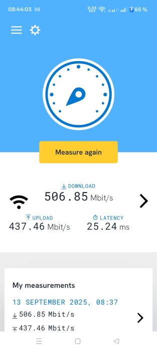 Skärmdump av en internethastighetsmätning med 506,85 Mbit/s nedladdning, 437,46 Mbit/s uppladdning och 25,24 ms ping.