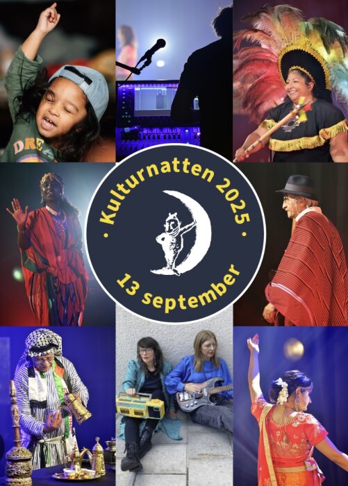 Kollage av kulturella framträdanden och artister i traditionella kläder samt modern musik, med text "Kulturnatten 2025, 13 september" i mitten.
