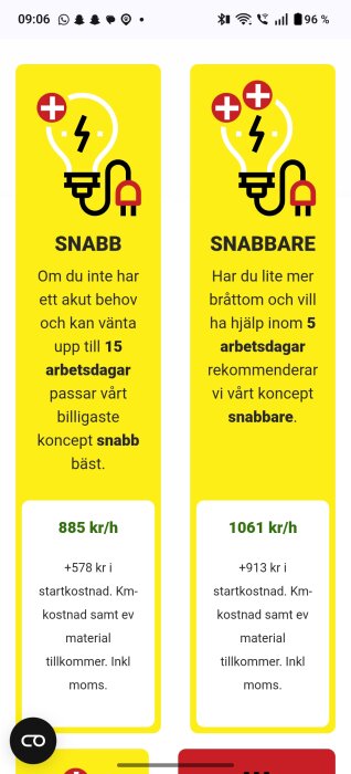 Prisjämförelse mellan två elarbeten: en kostar 885 kr/h och tar upp till 15 arbetsdagar, den andra 1061 kr/h med 5 dagars väntetid.