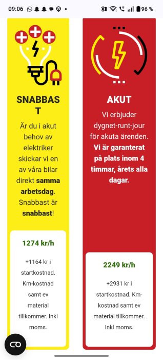 Annons om akut elektrikerservice: en gul del med texten "SNABBAST" och en röd del med texten "AKUT", priser och villkor för snabb assistans.