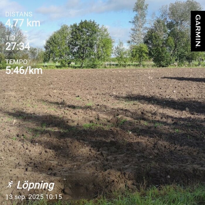 Fält med jord, kantad av grönska och träd, under delvis molnig himmel. Text visar löpning: 4,77 km, 27:34 minuter, 5:46/km, 13 sept. 2025, 10:15.