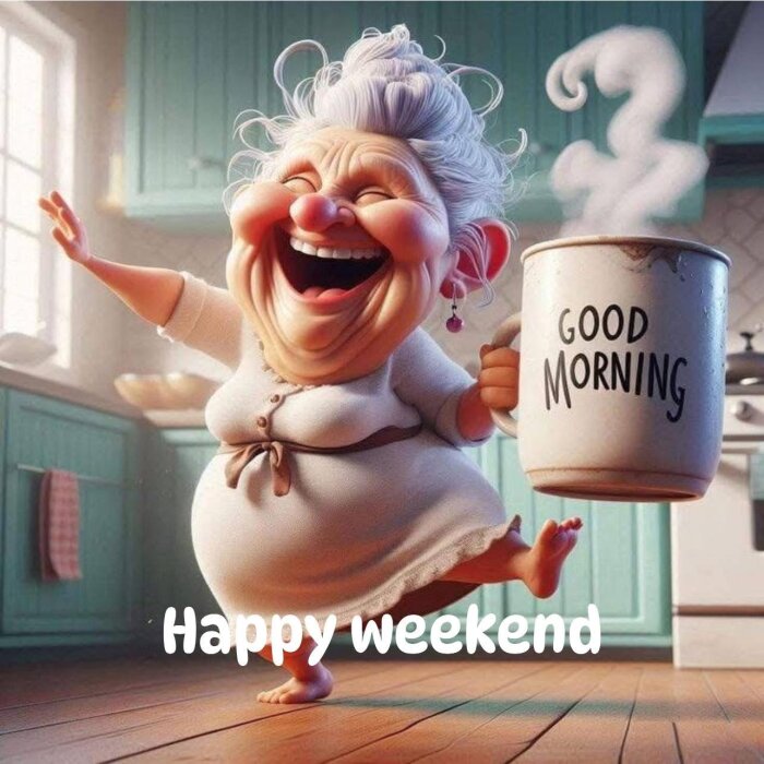 Tecknad glad äldre kvinna i kök, håller en kopp med texten "Good Morning" medan hon dansar. Texten "Happy weekend" syns på bilden.