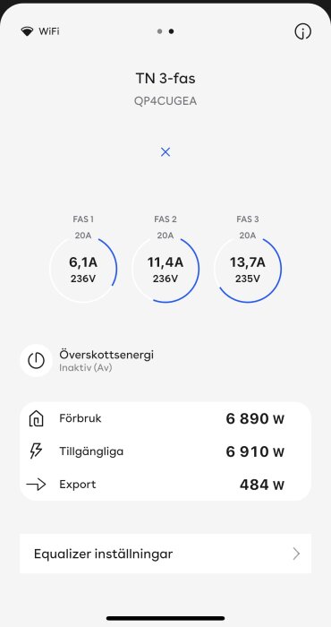 Skärmbild av en app som visar elförbrukning i tre faser: FAS 1 (6,1A), FAS 2 (11,4A), FAS 3 (13,7A), samt total förbrukning och export.