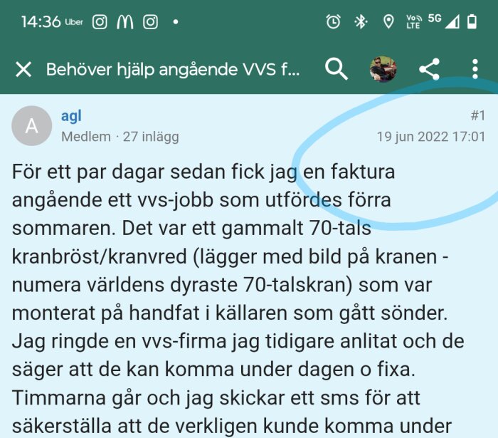 Användarprofil på diskussionsforum med inlägg om faktura för VVS-arbete relaterat till gammaldags kran från 70-talet.