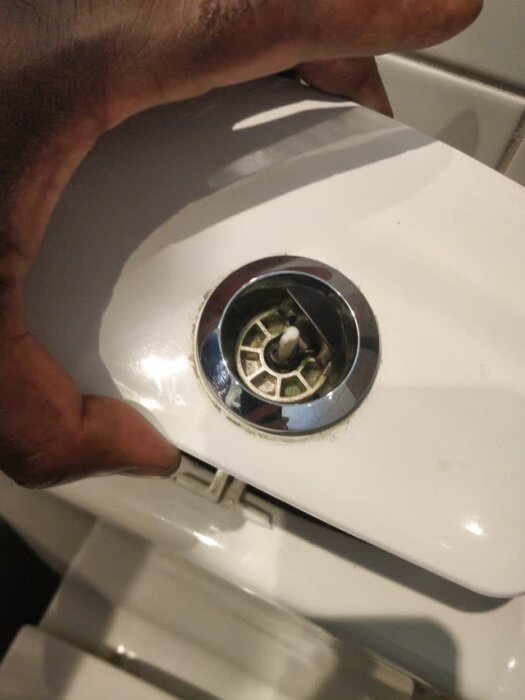 Toalettens spolknapp med ett avtaget lock och en hand som håller i locket, exponerar mekanismen under.