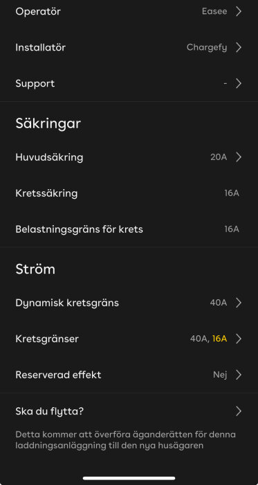 Användargränssnitt för inställningar på en Easee laddningsinstallation med information om säkringar och strömgränser.