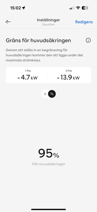 Mobilskärm som visar Easee-inställningar för huvudsäkring; 1-fas ≈ 4.7 kW, 3-fas ≈ 13.9 kW och 95% gräns.