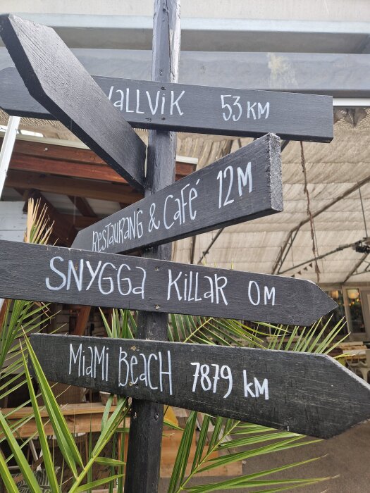 Skylt med avstånd: Vallvik 53 km, Restaurang & Café 12 m, Snygga Killar 0 m, Miami Beach 7879 km.