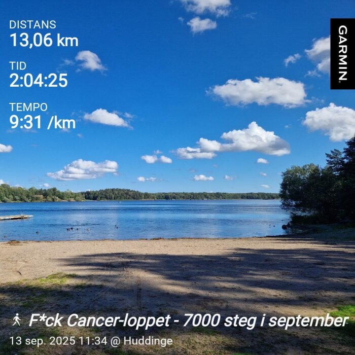 Strand vid en sjö med klarblå himmel och moln; text om F*ck Cancer-loppet och löpstatistik från Garmin visas ovanpå bilden.