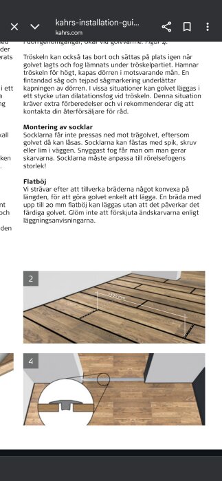 Illustration av trägolvinstallation med brädor och ett avstånd på över 500 mm markerat.