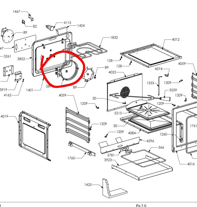 Ritning av spisens varmluftssystem med varmluftselementet markerat med röd cirkel.