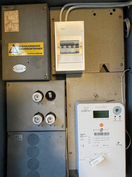 Elcentral med olika sektioner, inklusive en digital elmätare och gruppfördelning. Skylt i metall visar varning för spänning.