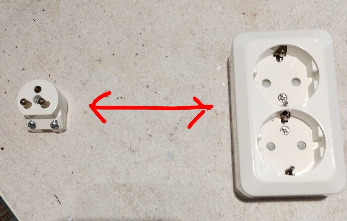Taklampskontakt och dubbelt vägguttag med en röd pil som visar riktningen från kontakten till uttaget.