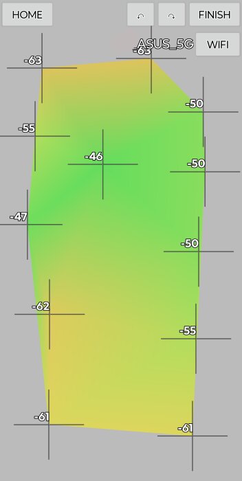 Färgkodad karta över WiFi-signalstyrka, med värden från -46 till -63 dBm, visar täckning för nätverket ASUS_5G i ett område.