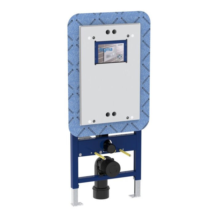 Inbyggd cisternstativ med blå ram och avloppsanslutning framifrån, liknande Geberit Duofix Tek.