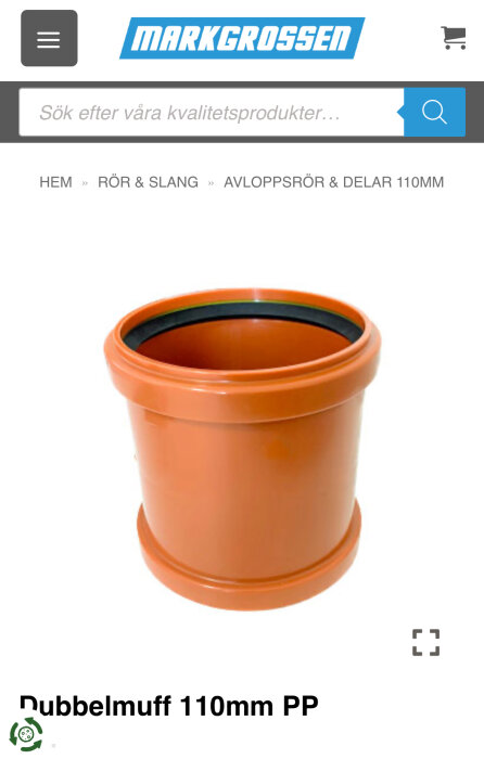 Orange dubbelmuff 110mm PP för avloppsrör installation.