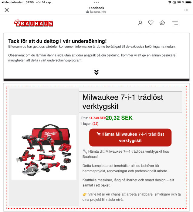 Reklam för Milwaukee verktygssats, med pris och information om tillgänglighet på Facebook-sida märkt Bauhaus.