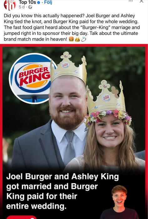 Brudpar i kronor från snabbmatskedjan, leende bredvid Burger King-logga, med text om sponsrad bröllopsdag.