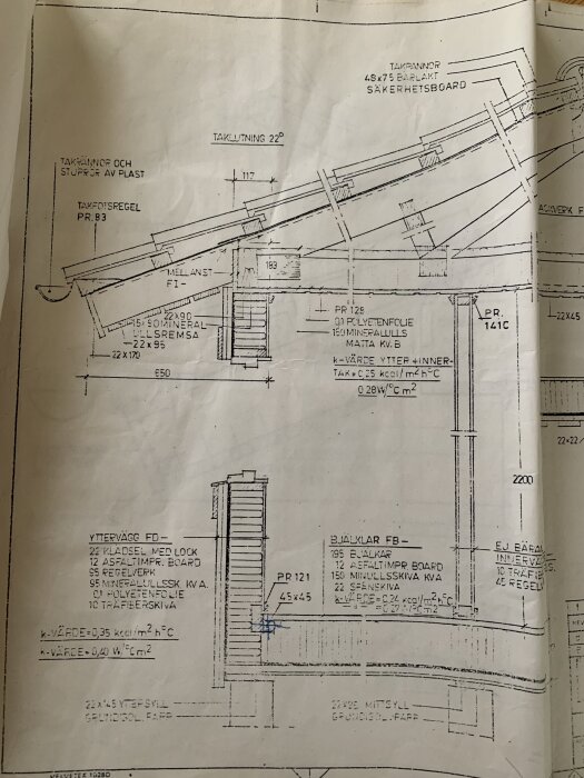Ritning av tak- och väggstruktur med detaljer om material som takpannor, säkerhetsboard och polyetenfolie, samt måttangivelser och k-värden.
