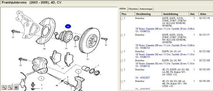 Exploderad vy av framhjulsbromsdelar för Saab 9-3 (2003-2005), inklusive bromsskiva, kaliper och fästen. Storlekar och specifikationer visas.