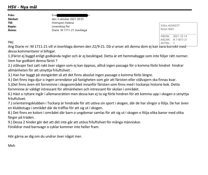Ett överklagarmail angående byggande av färist och stängsel, med kommentarer om hinder för allmän passage och allemansrätt, skickat till HSV.