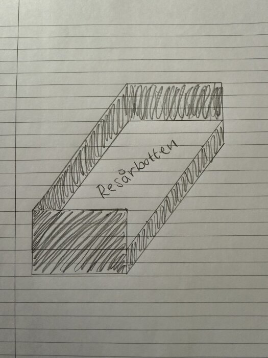 Ritning av sängstomme för barn, med markerad plats för resårbotten. Sängens ram har stoppade och klädda sidor utan ben.