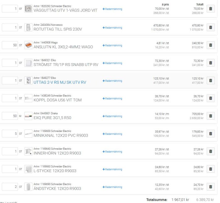Inköpssida med listade elektriska artiklar, kvantiteter och priser från olika leverantörer som Schneider Electric, Elko och Draka, totalt 6 389,70 kr.