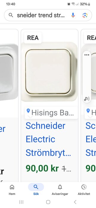 Bild av Schneider Electric strömbrytare från Hisings Backa, pris 90 kr, på en online-butikssida med sökfält för 'Schneider Trend Ström...'.
