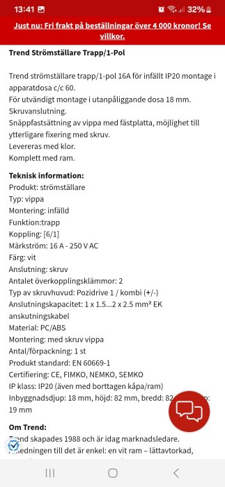 Produktbeskrivning av Trend strömställare trapp/1-pol 16A för infällt IP20 montage med teknisk information och certifieringar.