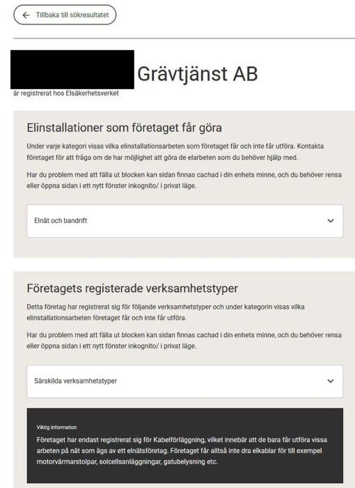 Skärmbild av Elsäkerhetsverkets webbsida med Grävtjänst AB registrerade elinstallationer, inklusive elnät, bandrift och kabelförläggning.