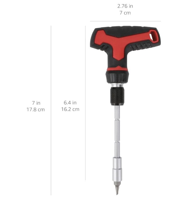 Bitshållare med t-handtag och teleskopfunktion, rött och svart färgschema, med mått markerade i tum och centimeter.