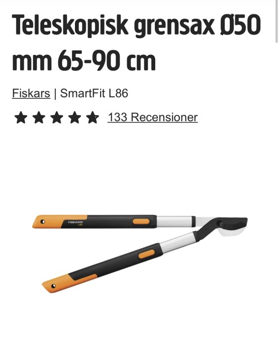Teleskopisk grensax Fiskars SmartFit L86, justerbar längd 65-90 cm, med svart och orange handtag, visad med produktbeskrivning och recensioner.