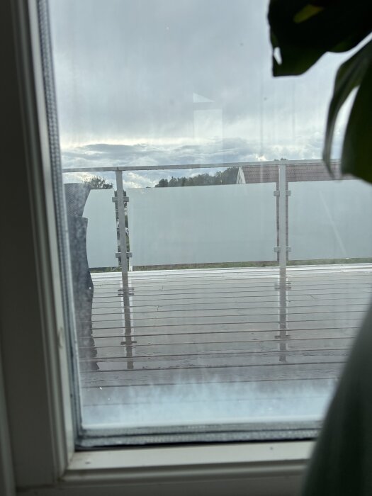 Utsikt genom ett fönster med något oklart mellan glasen, blöt terrass och grå himmel i bakgrunden.