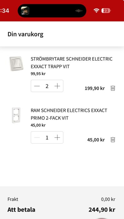 Kundvagn med två Schneider Electric-produkter: strömbrytare och ram, totalt 244,90 kr.