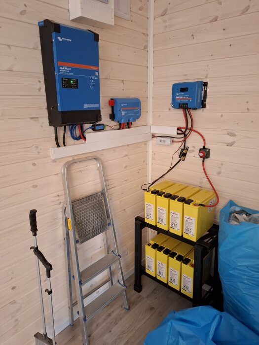 Väggmonterad Victron-inverter och laddare, gul batteribank, stege och städutrustning i en stuga med träpanel.