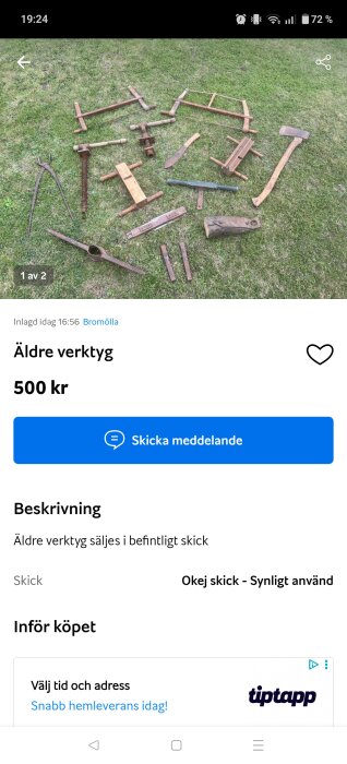 Äldre handverktyg spridda på gräs, inklusive bänkskruvar och sågar, i använt skick.