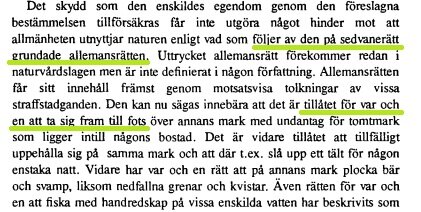 Textutdrag som beskriver allemansrätt, med markeringar kring tillåtelse för var och en att röra sig till fots över annans mark enligt sedvanerätt.