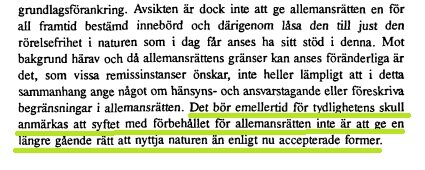 Utdrag ur propositionstext med markerad text om allemansrättens syfte.