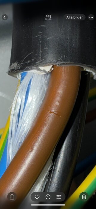 Brun kabel med skadad isolering, omgiven av flerfärgade kablar.