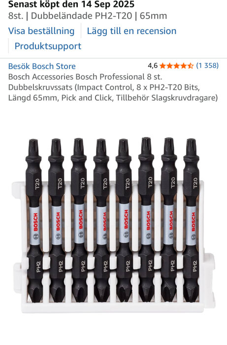 Bosch dubbeländade bits i en förpackning, storlek PH2-T20, 65 mm långa, avsedda för slagsskruvdragare, märkta med "BOSCH" och "Impact Control".