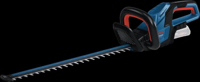 Blå och svart Bosch häcksax GHE 18V-50 med långt skärblad och orange detaljer.