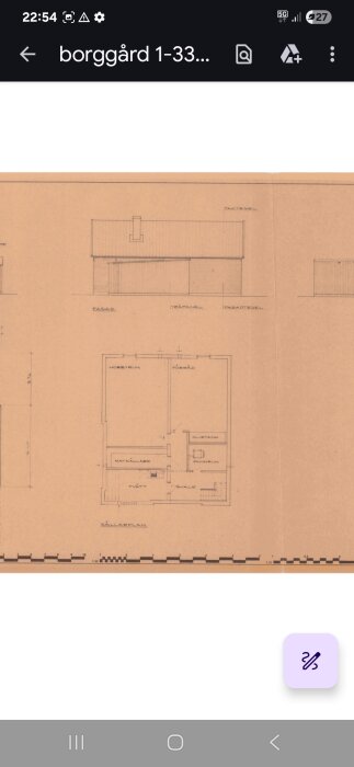 Byggnadsritning med planlösning och fasadvy, diskuteras om innerväggar på första våningen är bärande.